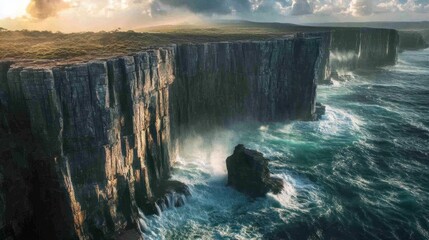 Naklejka premium Dramatic coastal cliffs, ocean waves crashing, sunset