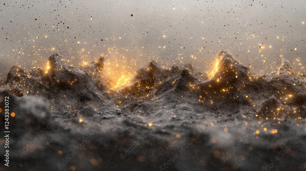 Poster dynamic flow of glowing particles in a shimmering landscape of texture and light
