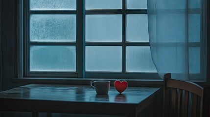 A coffee cup and a red heart on an empty table near a foggy window, symbolizing solitude.