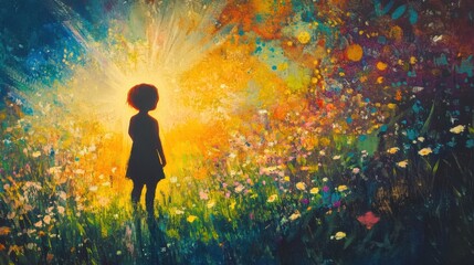 Fototapeta premium Child glowing with vibrant colors in a flower-filled meadow during sunset