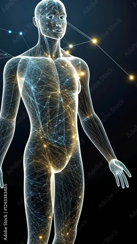 Poster a digital human figure is illuminated with vibrant energy patterns, showing intricate anatomical con