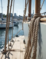 Obraz premium Sailboat secured to cleats with ropes in the harbor, harbor, marina