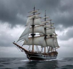 Tall ship with full white sails against a grey sky, white sails, stormy weather