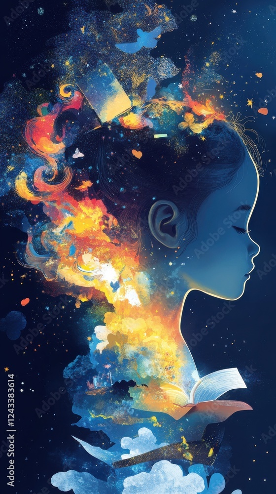 Aufkleber vibrant illustration of a child's imagination bursting with color and creativity through the pages o