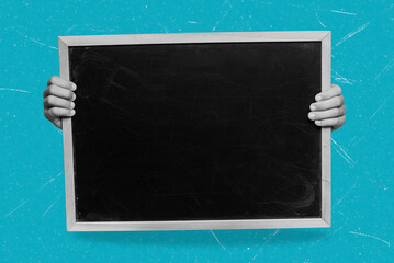 Modern art collage picture of hands holding a school blackboard or drawing tablet on a blue background. © beast01