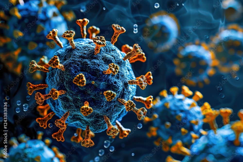 Poster covid-19 virus: a high-resolution, 3d-rendered image of sars-cov-2 particles with spike proteins cle
