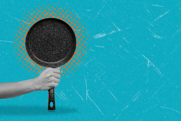 Modern art collage depicting a hand with a frying pan on a blue background with copy space.
