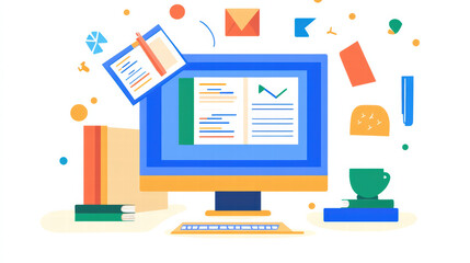 vibrant online course catalog displayed on computer, surrounded by colorful icons representing learning materials and tools, creating engaging educational atmosphere