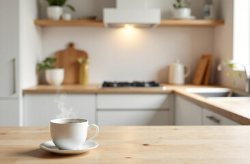 Obraz premium Cup of coffee on wooden table in kitchen, space for text