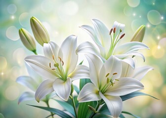 Fototapeta premium Elegant White Lilies: Minimalist Close-Up Floral Photography with Soft Lighting & Tilt-Shift Effect