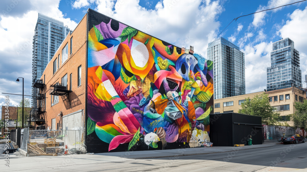 Aufkleber vibrant street art mural bursting with colors, showcasing abstract shapes and lively patterns on bui