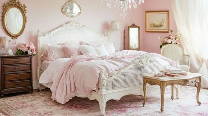 Elegant pink bedroom with ornate bed, dresser, and accessories.