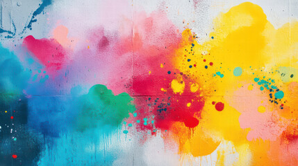 vibrant street art mural bursting with colors, featuring splashes of pink, yellow, blue, and green, creating energetic and lively atmosphere