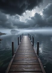 Obraz premium The dock extends into the middle of a lake with thick fog covering the horizon and dark clouds hovering above, isolation, dark clouds