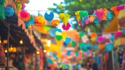 Colorful decorations adorn vibrant street festival, creating festive atmosphere filled with joy and celebration. scene is lively, showcasing variety of bright colors and festive elements