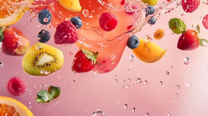 A colorful smoothie splash with floating fruit pieces against a light pink background.