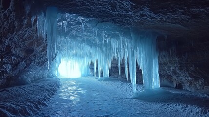 Glacial Cave with Stunning Ice Formations and Natural Light
