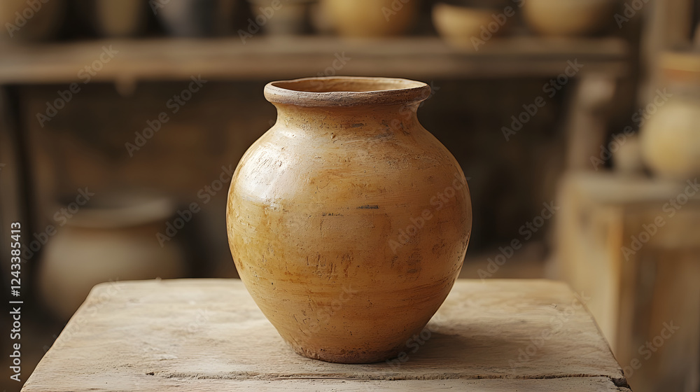 Poster A rustic clay pot with a rounded shape sits on a wooden surface, surrounded by other pottery in a softly lit environment