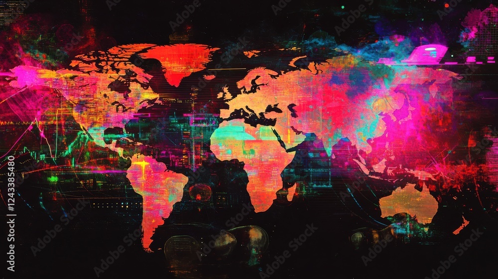 Leinwandbilder vibrant depiction capturing forex market trends across a global map with dynamic color patterns and 