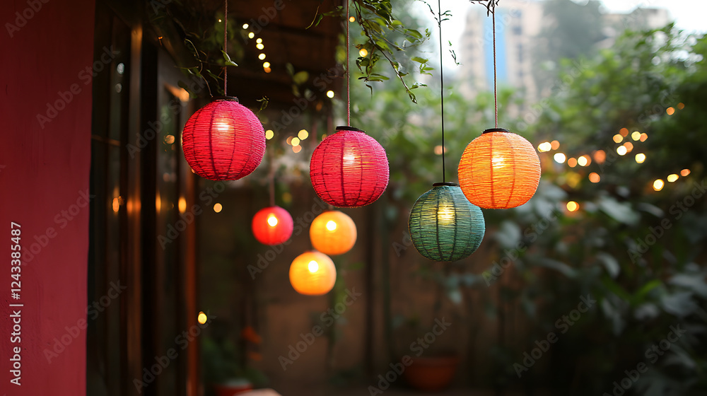 Poster colorful lanterns hanging in a lush garden, creating a warm and inviting atmosphere with soft lighti
