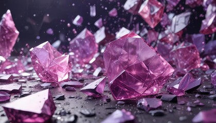 Fototapeta premium Shattered glass-like fragments in shades of purple and pink, iridescent colors, abstract fractal