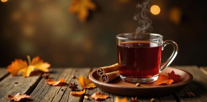 The scent of cinnamon and cloves fills the air as a wooden table holds a tray of mulled wine, scented, autumnal theme
