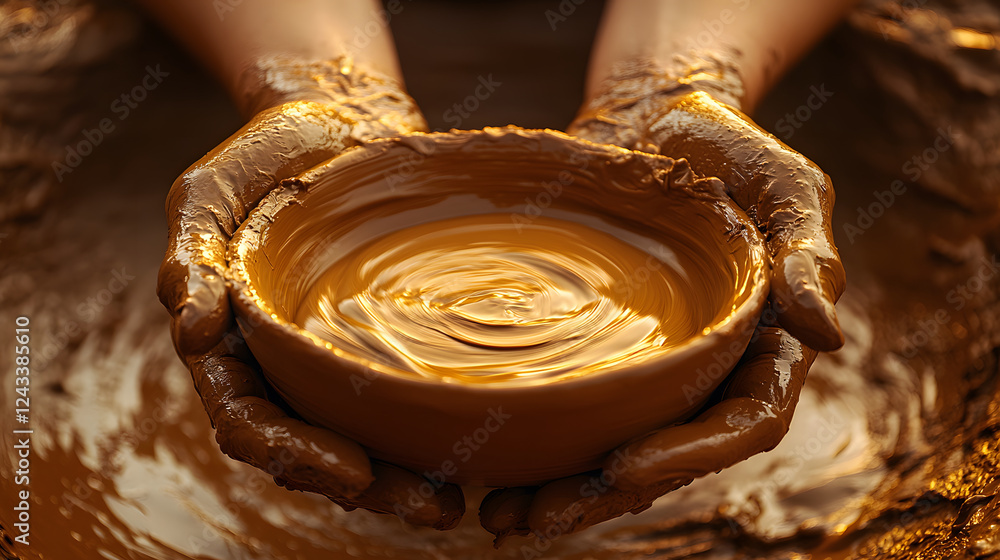 Aufkleber a pair of hands holds a freshly crafted clay bowl, surrounded by pottery tools and a smooth, texture