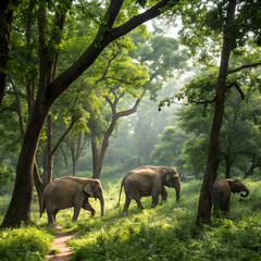 In the forest, numerous elephants and various animals roam freely, creating a vibrant ecosystem. The elephants move gracefully through the dense trees.