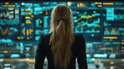Business professional analyzing data trends on digital screens in a modern office environment