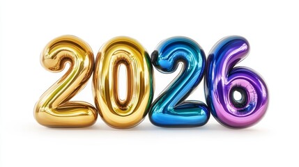 Metallic rainbow colored foil balloons form 2026 numbers isolated on white background,