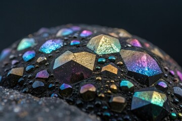 The surface of the obsidian is a mesmerizing mosaic of tiny crystals refracting light into a kaleidoscope of colors, geode formations, geological formations
