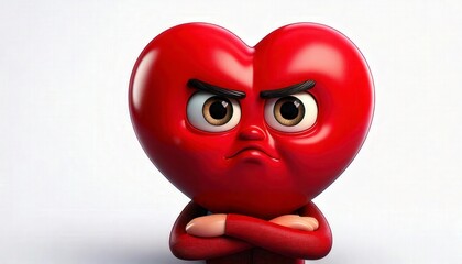 A cute heart with puffed cheeks, crossed arms, and an annoyed expression, white background