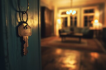 Colorful Coins in a Jar with Flowers - Savings Concept. Open door to a new home with key and home shaped keychain. Mortgage, investment, real estate, property and new home concept