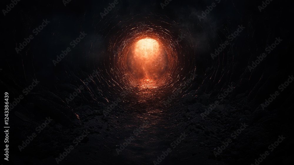 Poster mysterious open passageway illuminated by fiery light at the end of a dark tunnel