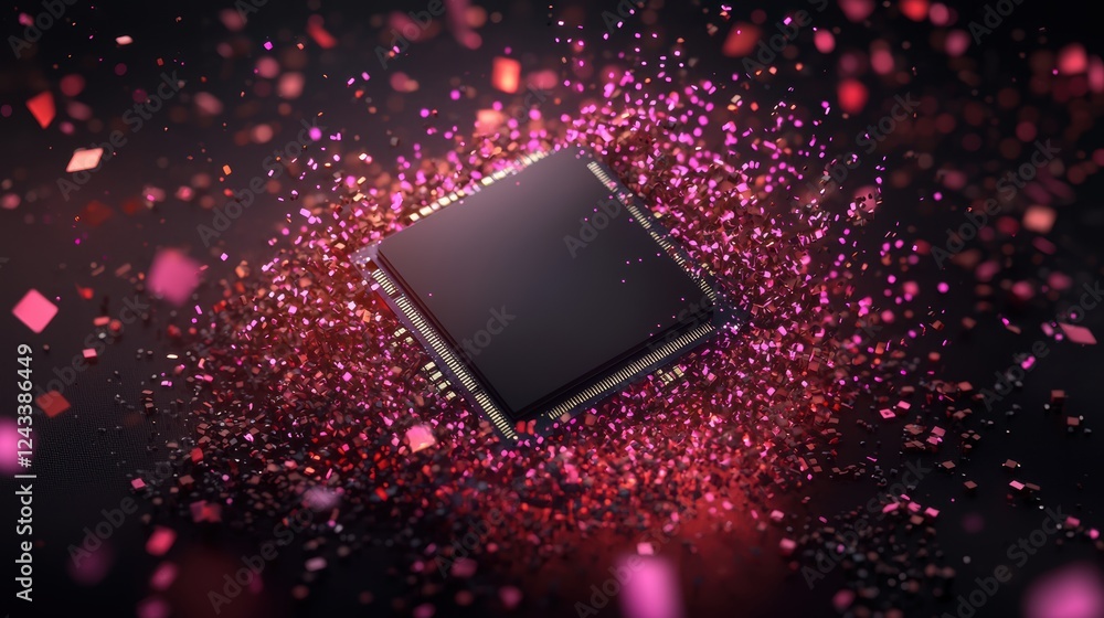 Poster abstract digital design of a computer chip surrounded by colorful particles and glitter