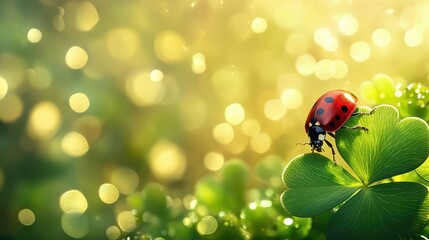 Ladybug on Clover: A vibrant red ladybug delicately perched on a lush green clover leaf, bathed in the warm glow of sunshine. The bokeh background creates a magical, fairytale-like atmosphere.