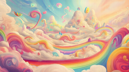 whimsical landscape featuring colorful clouds, vibrant rainbows, and playful swirls creates dreamy atmosphere. This enchanting scene invites imagination and joy
