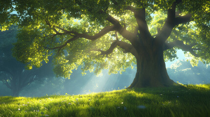 Fototapeta premium Majestic tree basking in sunlight, vibrant greenery, serene landscape. Perfect nature scene for tranquility and outdoor inspiration enthusiasts.