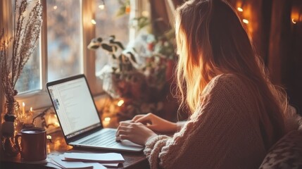 A woman is seated at a table, working on a laptop, with natural light streaming through a window, creating a productive and serene environment.