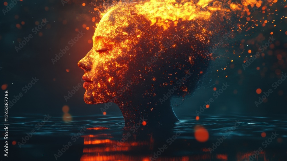Aufkleber surreal representation of a glowing woman emerging from water at dusk, radiating warmth and light in