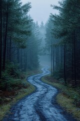 Fototapeta premium Winding Forest Road Through Misty Trees