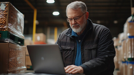 A middle-aged man volunteers at a food bank, managing donations with a laptop in a warehouse.