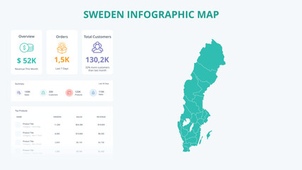 Business Growth Infographic Map of Sweden. Orders, Customers, Sales Overview & product Infographic Map of Sweden. Easy to edit