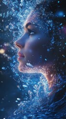 Surreal representation of a glowing woman surrounded by shimmering water particles