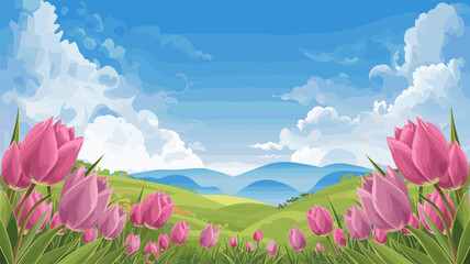 Obraz premium Pink Tulips with Mountain Backdrop