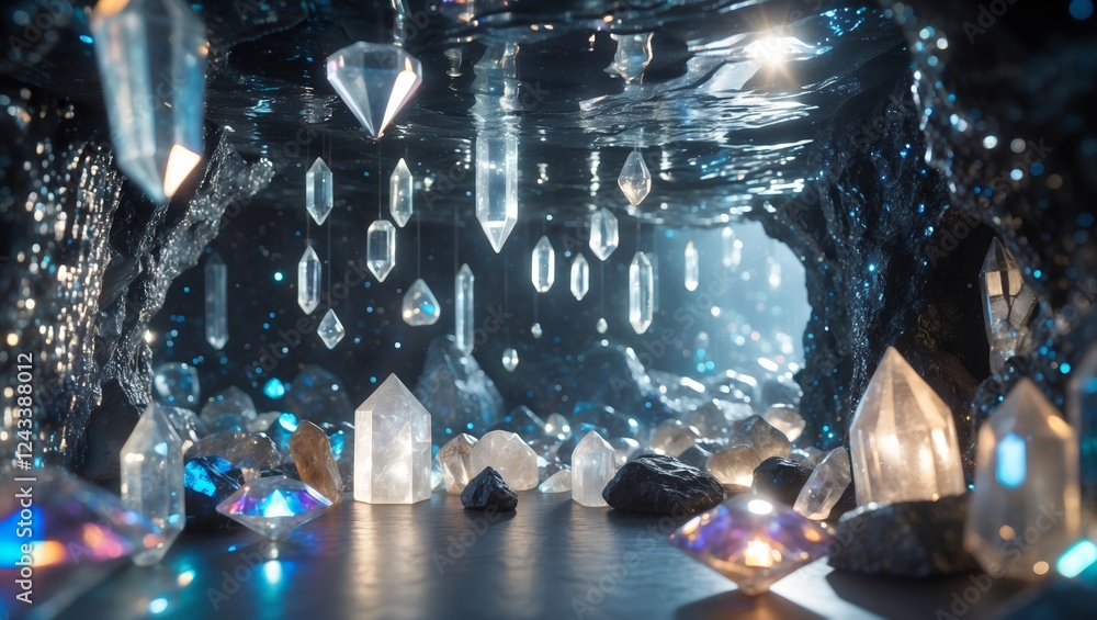 Poster crystal cave with shimmering gems illuminated by soft light in a mystical underground setting