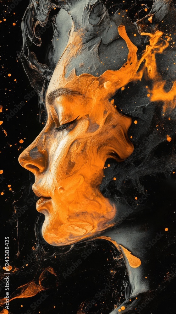 Aufkleber surreal representation of a model's face blending with abstract orange and black elements