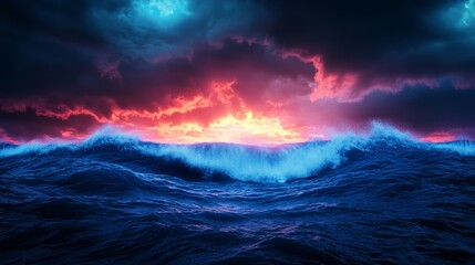 Fototapeta premium Dramatic Ocean Waves at Sunset - Powerful ocean waves crashing under a vibrant sunset sky with dark storm clouds.