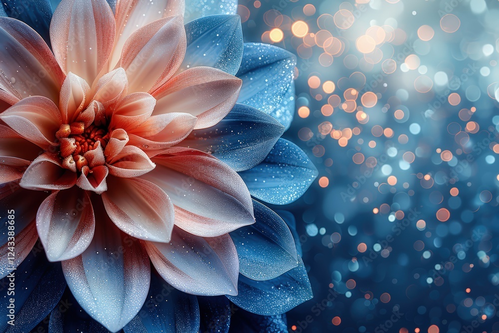 Poster a close-up of a colorful flower with intricate petals, set against a dreamy, bokeh background filled
