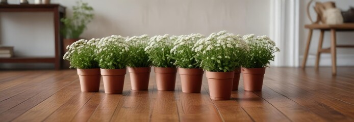 Small red brown alyssum pots with white flowers on a wooden living room floor , flowers, wood, white